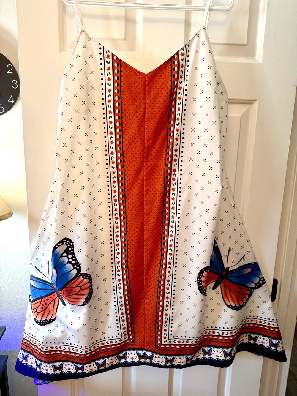 White and Orange Butterfly V-Neck Camisole Dress